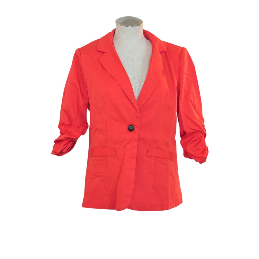 Dressin Womens Ruched Sleeve Single Button Blazer Orange Red Size M